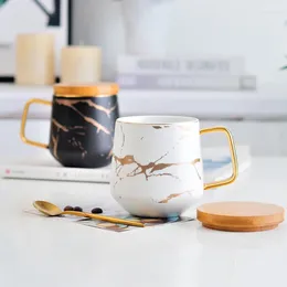 Mugs Nordic Style Gold Marble Ceramic Mug Cup And Wooden Saucer Lid White Porcelain Tea Coffee Water With Handle Drinkware Gifts