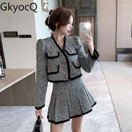 Work Dresses GkyocQ 2024 Fall And Winter Tweed 2 Piece Sets Vintage Luxury V-neck Long-sleeved Short Jacket High Waist A Line Pleated Skirt