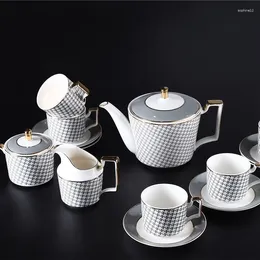 Teaware Sets Light Blue Swallow Gird Houndstooth Bone China Teapot Set Ceramic 15pcs Coffeeware With Saucer Milk Pot Giftbox