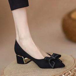 Plus Size 41 Womens Pumps Pointed Toe Mid Heels Dress Shoes Faux Suede Boat Sewing Bow Slip on Zapatos Mujer Black 1243N 240329