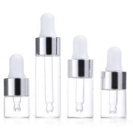 Garrafas giratórias de óleo essencial transparente 2ml 5ml 10ml de amostra de amostra de gotas de vidro pequeno de vidro Vidro Girotor de vidro para óleos essenciais 1 ml Garraco de conta -gotas com tampo prateado