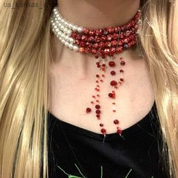 Pendant Necklaces Halloween Faux Pearl Blood Tiered Necklace Goth Blood Drop Tassel Choker Women Grunge Rock Egirl Accessory Aesthetic2404089IO8