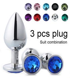 Stainless Steel Metal anal plug 3 piece set diamond anal plug and7inch spray vibration vibrator woman adult vibrator sex toys Y205700564