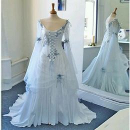 Dresses Vintage Celtic Wedding Dresses White and Pale Blue Colorful Medieval Bridal Gowns Scoop Neckline Corset Long Bell Sleeves Wedding