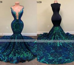 Green Sparkly Sequin Long Mermaid Prom Dresses 2022 Sleeveless African Black Girls Mermaid Formal Evening Gala Gowns Custom B050702341300