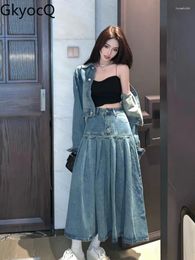 Work Dresses GkyocQ French Retro Versatile Denim Jacket High Waist Slim A Line Pleated Long Skirt Fall And Winter Two-piece Sets Female Suit