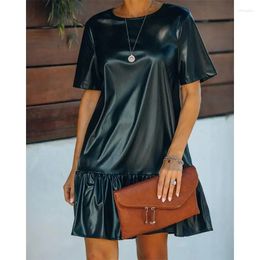 Casual Dresses Womens Spring Temperament Commuter Ruffled Loose Slim Patent Short Sleeve Leather Dress For Women