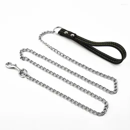 Dog Collars Metal Chain Lead With Leather Harness Leash Style Handle Strong Control Outdoor Security Training Supp