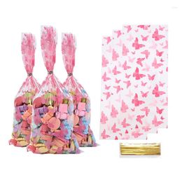 Gift Wrap 50Pcs Pink Butterfly Paper Bags With Silver Twist Plastic Candy Packaging