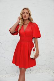 Casual Dresses Summer Deep V-Neck Puff Sleeves Dress For Woman Elegant Shirred High-Waisted Mini 2024 Nightclub Style Party