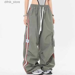 Women's Jeans American Strt Vintage Oversized Striped Cargo Pants Women Elastic Waist Fashion Casual Loose Harajuku Wide Leg Sports Trousers Y240408