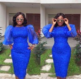 South African Prom Dresses 2019 Royal blue Aso ebi Short Cocktail Dresses with Puffy Sleeve Jewel Lace Kneelength Sheath Evening 9655025