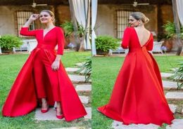 2019 Sexy Red Jumpsuits Prom Dresses 34 Long Sleeves V Neck Formal Evening Party Gowns Cheap Special Occasion Pants7231654