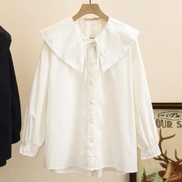 4XL Plus Size Shirts Women Spring LaceUp Peter Pan Collar Cotton Tops Loose Long Sleeve Asymmetric Length Blouses Curve Clothes 240403