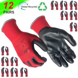 Gloves 24 Pieces/12 Pairs Garden Man Safety Gloves With Knitted Red Nylon Dipped PU Nitrile Coated Palm Security Protective Work Gloves