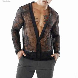 Men's Casual Shirts Mens shirt transparent mesh shirt party black long sleeved tank top club kimino cardigan sweater yq240408