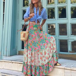 Skirts Elegant Women's Maxi 2024 Summer Ruffles Streetwear Style Floral Printed Ruffle Edge Holiday Boho Beach Lady Casual Skirt