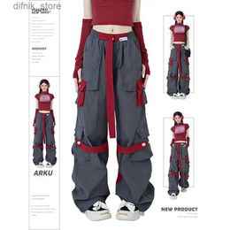 Women's Jeans Hip Hop Womens Pants Hip Hop Womens Pants High Waist Color Block Overall Wide Leg Casual Straight Leg Pants Y2k American Vintage Pants Y240408