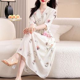 Party Dresses Chinese Wind 2024 Summer Short-sleeved Silk Cotton And Linen Printed With Waist Pocket Knee-length Dress