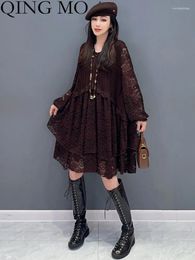 Casual Dresses QING MO 2024 Spring Autumn Lace Dress Splice Knitted Flare Knee Length Long Sleeved Women Elegant Loose ZXF5091