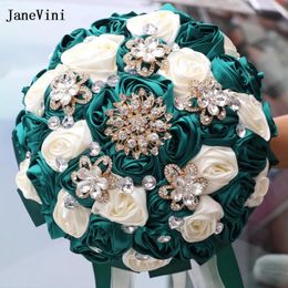 Wedding Flowers JaneVini 2024 Customised Luxury Bridal Bouquets Gold Rhinestones Dark Green Ribbon Artificial Bouquet For Bride