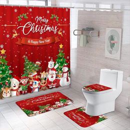 Shower Curtains Christmas Bathroom Set With Curtain And Rug Santa Gift Red Background Happy Year Bath Xmas Decor