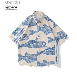 Men's Casual Shirts Ultra fine American style 2022 summer fried street fashion fish print new Personalised mens casual shirt yq240408