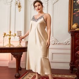 Sexy Sleepwear Women Lace Silk Satin Sleeveless Nighties Summer Vneck Suspender Thin Long Imitation Nightgown 240408