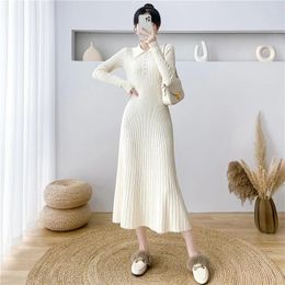 Casual Dresses Autumn Woman Long Sweater Dress Solid Polo Neck Sleeves Party Knitted Midi Slim Elastic Ribbed Robe T566