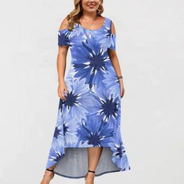 Casual Dresses 2024 Asymmetrical Off Shoulder Dress Plus Size Prairie Chic Print O Neck Loose Beach Maxi Vestidos Para Mujer