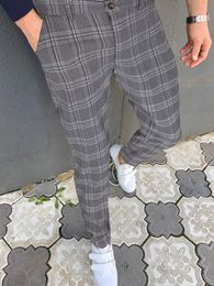 Fashion Mens Slim Trousers Gray Stretch Comfortable Pants Pencil Small Square Business Out Dating Daily Wear 240403