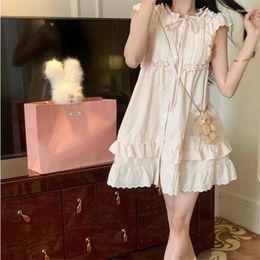 Party Dresses Sweet Little Flying Sleeve Fairy Holiday Apricot Mini Dress Summer Retro French Bow Ruffles Doll Lace Up Short Skirt