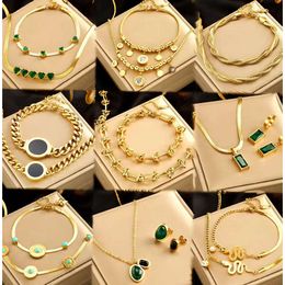 Jewellery Set Women Stainless Steel Gold Layered Cuban Chain Emerald Zircon Heart Pendant Necklace Earrings and Bracelet Set