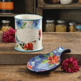 Dinnerware Sets Floral 2-Piece Mini Stoare Utensil Crock And Spoon Rest Set