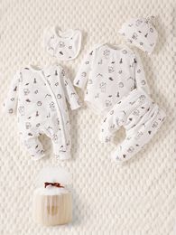 5PCS Spring And Autumn Set Hat Round Neck Scarf Bodysuit Pattern Pants Fashionable Warm Infant Toddler 240327