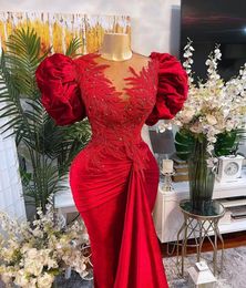 2022 Plus Size Prom Dresses Arabic Aso Ebi Red Mermaid Lace Beaded Sheer Neck Velvet Evening Formal Party Second Reception Gowns D2982946