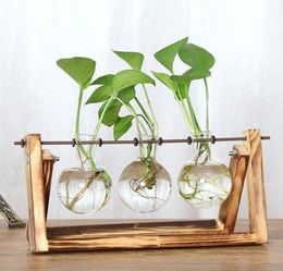 Vintage Creative Hydroponic Plant Transparent Vase Wooden Frame Coffee Shop Room Glass Tabletop Plant Bonsai Home Decor Flower Vas9812710