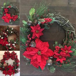 Decorative Flowers Christmas Wreath Artificial Plant Rattan Circle With Bowknot Small Bell Simulation Flower For Home Party Wall Decoration