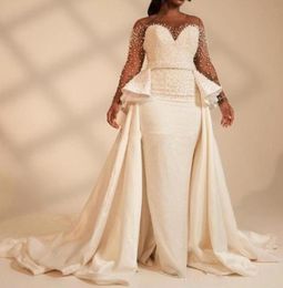 Long Sleeves Plus Size Mermaid Wedding Dresses With Overskirt Pearls Beaded Illusion African 2020 Bridal Gowns Customised Vestidos9901266