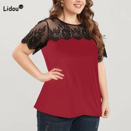 Microphones Lace Patchwork Solid Tshirt Crew Neck Fashion Gradient Colour Short Sleeve Hook Flower Hollow Pullover Plus Size Tops Women