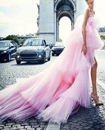2019 Fashion Pink Tiered High Low Tutu Prom Dresses Off The Shoulder Puffy Long Prom Gowns Chic Tulle Prom Gown2787146