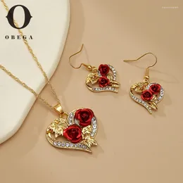 Necklace Earrings Set Obega Creative Love Rose Heart Pendant For Women Exquisite Zircon Forever Romantic Valentine's Day Jewelry