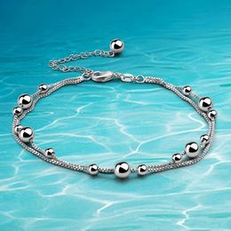 925 Sterling Silver bell Ankle Bracelet Double line Leg Foot Jewelry Boho Beach Charm Simple Anklets for Women Accessories Gift 240408