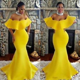 Yellow African Mermaid Evening Dresses Simple Off Shoulder Satin Plus Size Prom Dresses Special Occasion Formal Dresses Custom Mad5944493