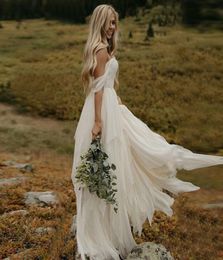 Flowy OffShoulder ALine Long Summer Wedding Dresses Ruched Skirt Boho Wedding Dress Top Lace Appliques Chiffon Wedding Dress1138804