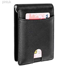Money Clips New Anti RFID Men Genuine Leather Money Clip Bifold Brand Male ID Card Case Cash Holder With A Metal Clamp 240408