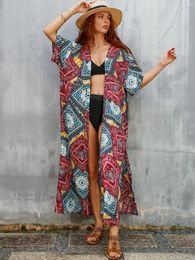Womens Open Front Bathing Suit Cover Ups Long Geometric Print Kimono Cardigan Beachwear Dress With Belt Bikini Up