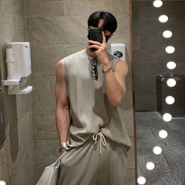 Summer Clothing Mens Casual Tank Tops Set Luxury Korean Streetwear O Neck Solid Drape VestTrousers 2 Piece Suit 240329