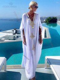 Elegant Gold Embroidered Kaftan Retro V-neck White Dress Plus Size Women Clothes Summer Beach Wear Swim Suit Cover Up Q1373