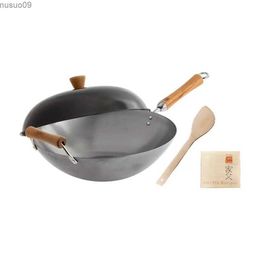 Pans Classic series 14 inch high-temperature flat bottomed Wok set 124 non stick cover bamboo spatula recipe booklet 124 fresh seasoning 124 easy to useL2403